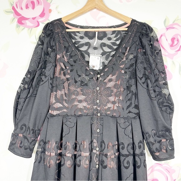 NEW Free People Shadow Dance Black Floral Lace Midi Dress M - Picture 3 of 10